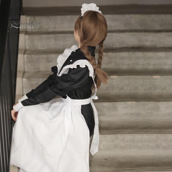 1 Set Maid Cosplay Dress Set Includes Apron Headband Bow And Socks Unisex A-Line Calf-Length Contrast Color Ruffle Dress Parties Photography Servant