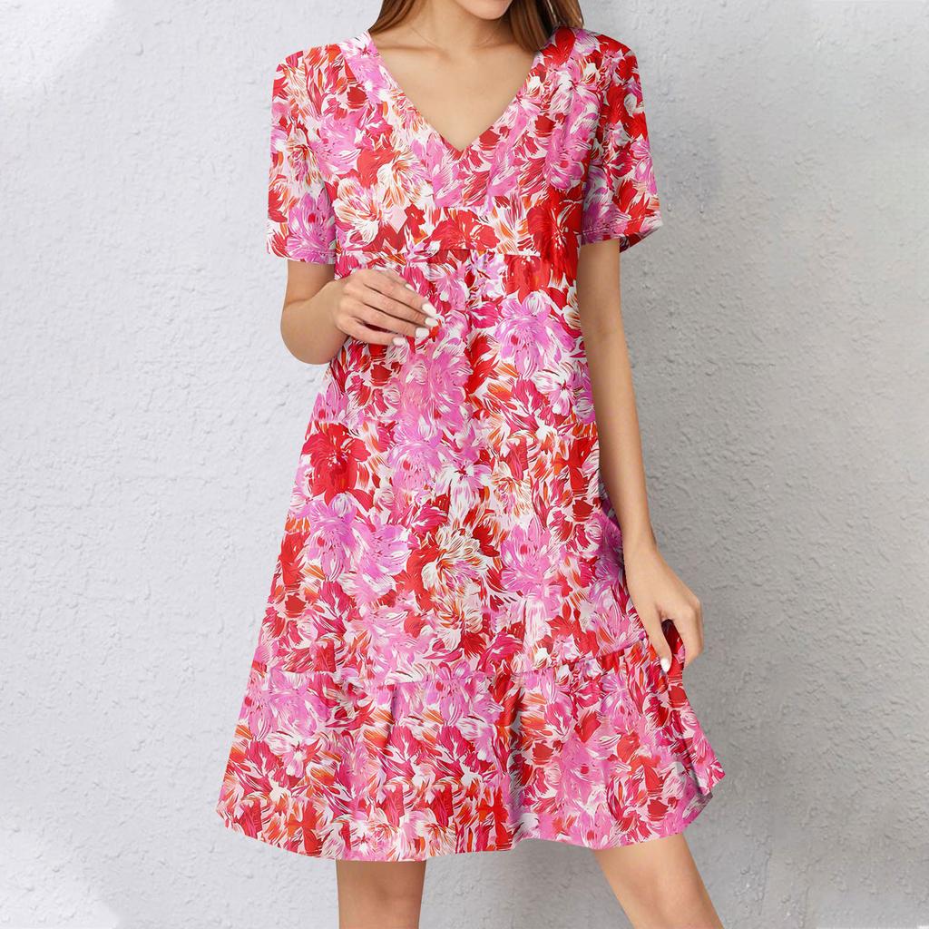 Womens Summer Dress Short Sleeve V Neck Short Dresses Fashion Casual Flowy Boho Ruffle A Line Swing Sundress
