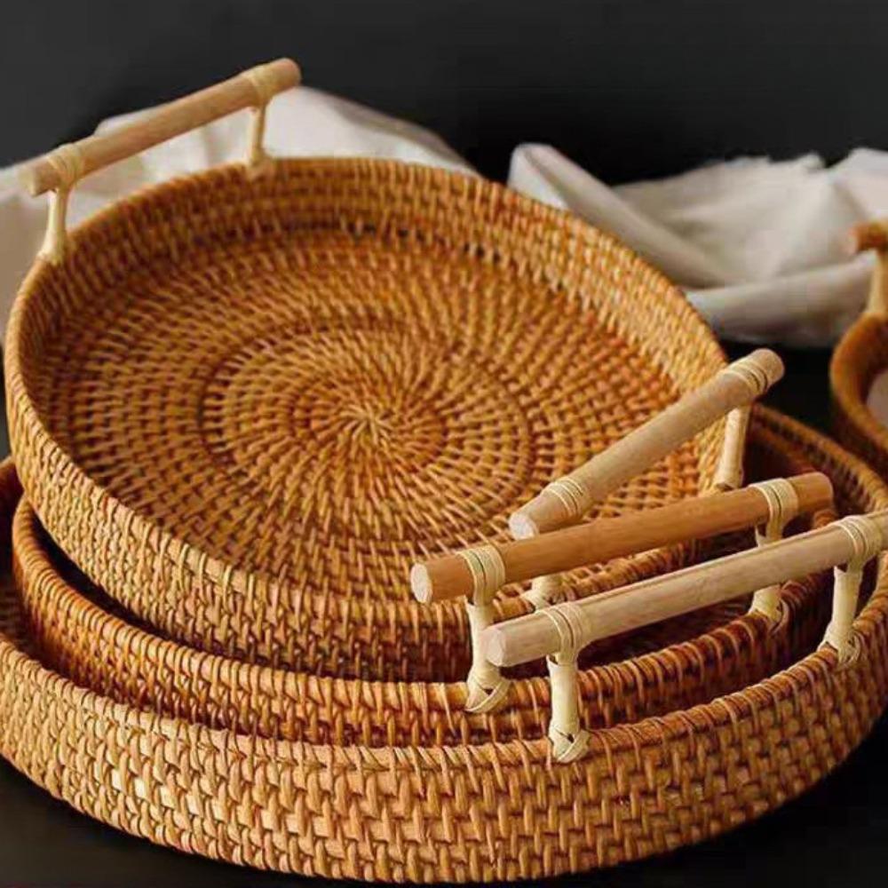 Vietnamese Rattan Tray Vine Woven Storage Double Ear Practical Desktop Tray Basket Bread and Fruit Dim Sum Picnic Simple Storage