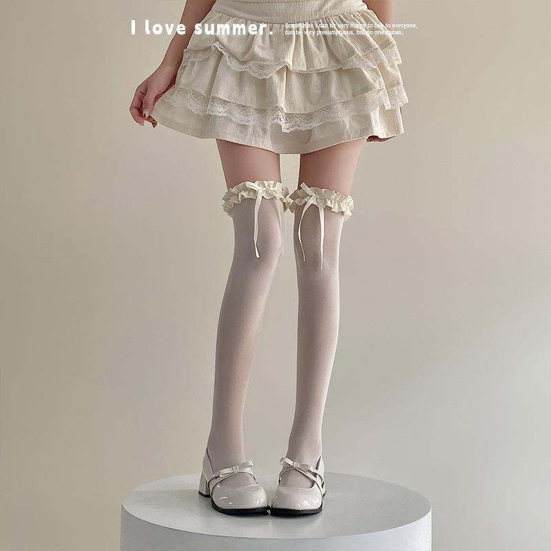 Lolita White Bow Knee-length Women's Spring/Summer Thin Lace Long Tube Lace Cream Ballet-style Thigh Socks