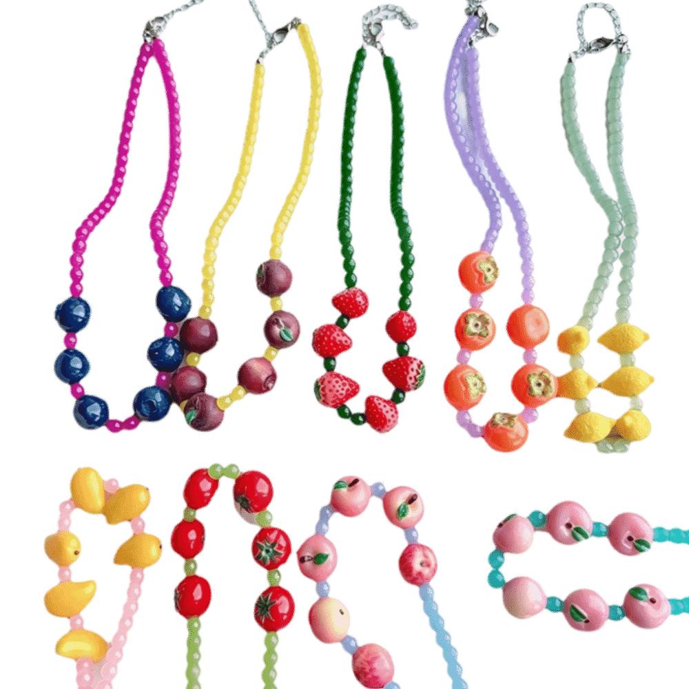 Resin Fruit Charms Fruit Beaded Necklace 3D Beaded Design Glass Beaded Necklace for Girls