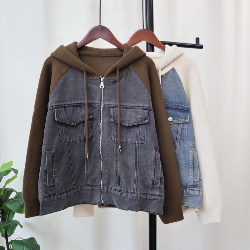 Autumn and Winter New Splicing Denim Hooded Knitted Double-sided Woolen Cardigan Women's Loose Versatile Sweater Jacket