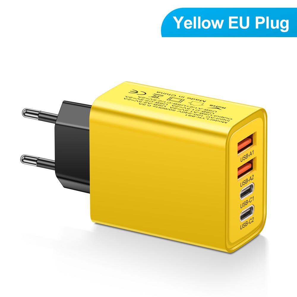 2.4A Multi-port Charger: Dual Type-C PD + Dual USB for Mobile Phones, Travel-Ready