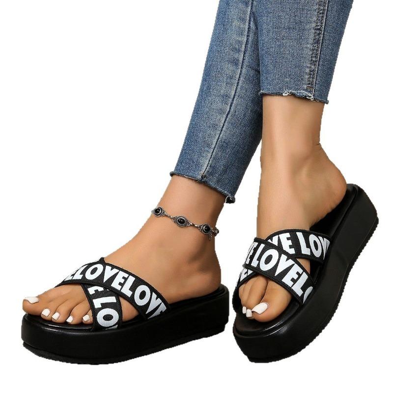 New cross-strapped thick-bottomed cool slippers summer casual letter color matching large-size beach slippers women 43