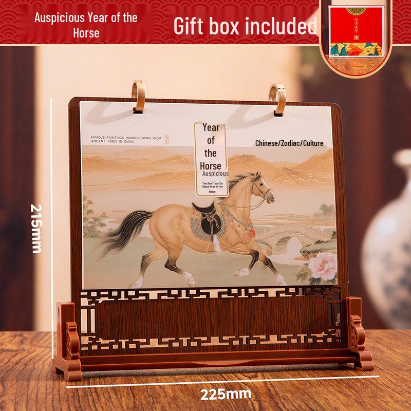Luxus Holz Schreibtischkalender Geschenkset: Anpassbares Jahr des Pferdes 2026 mit Logo für Kunden