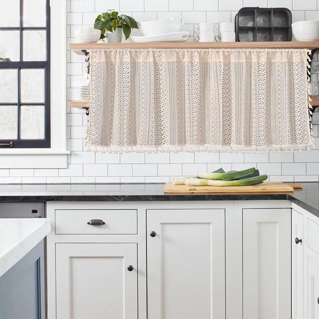 Boho Circular Patterned Hanging Tassel Short Curtain, Lace Short Curtain, Living Room, Bedroom, Kitchen Cabinet Cover Curtain