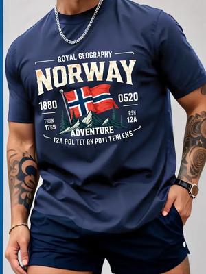 Navy Blue Norway Country Map Graphic Cotton TShirt Casual Athletic Streetwear Fit Men Muscle Gym Workout Fitness Adventure St...