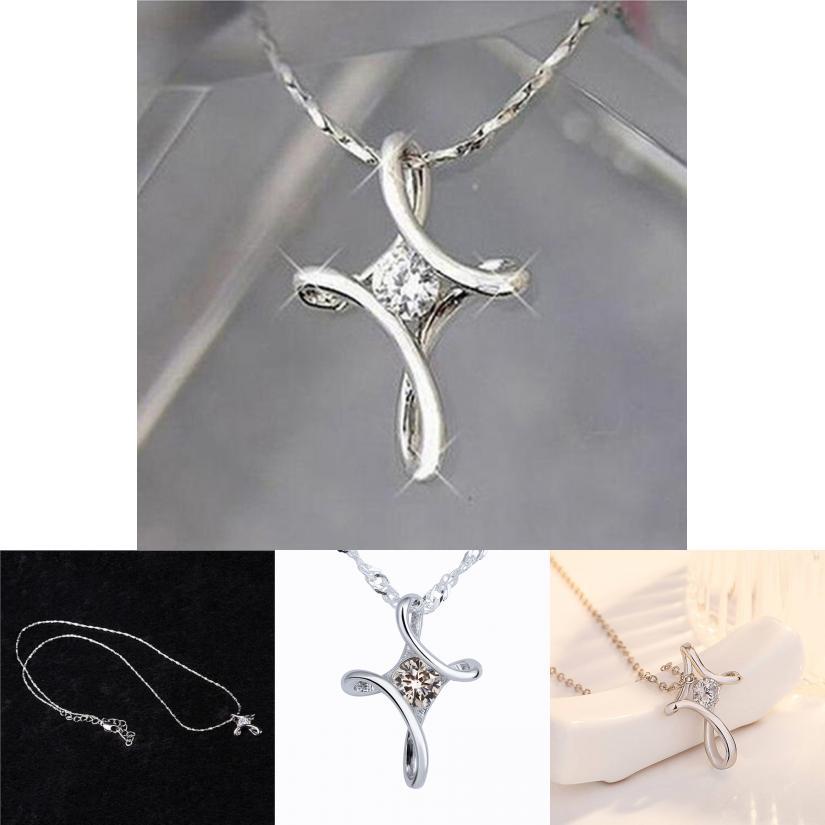Geometric Silver Cross Pendant Necklace With Zirconia For Romantic Couples