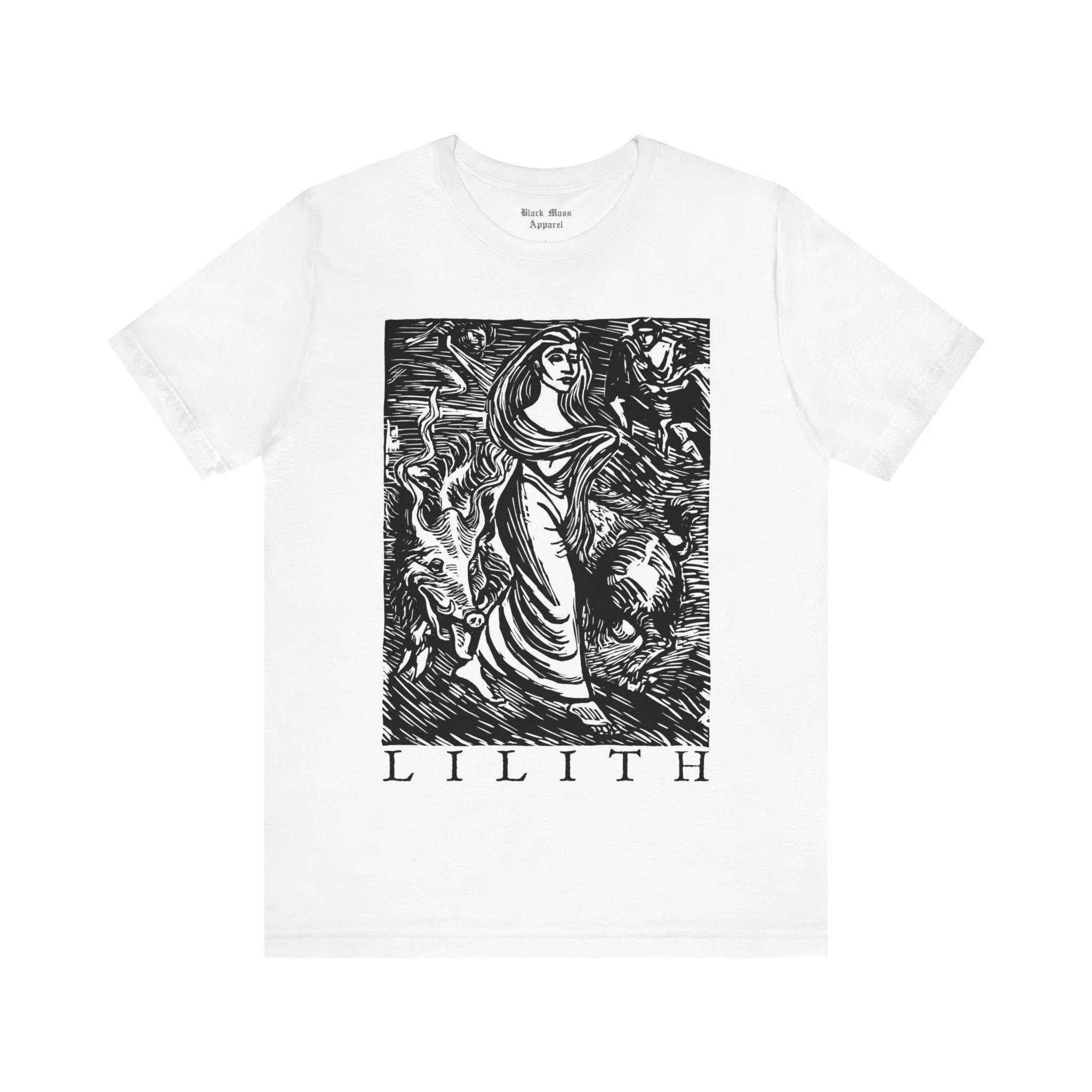 

Lilith Vintage Woodcut T-shirt Goddess Demon Queen Black Moon T-shirt Gothic Fashion Creepy Men s and Women s T-shirts S