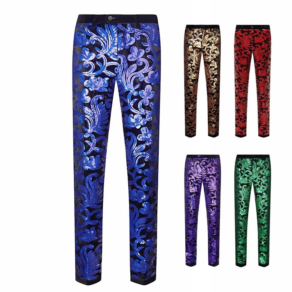 PYJTRL Mens Fashion Shiny Sequin Floral Pattern Pants Expandable Waist Trousers