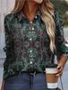 Funny Ladies Clothing Casual Long Sleeve Shirt V Neck Loose Spring and Autumn Green Chain Print Loose Plus Size Womens Shirt