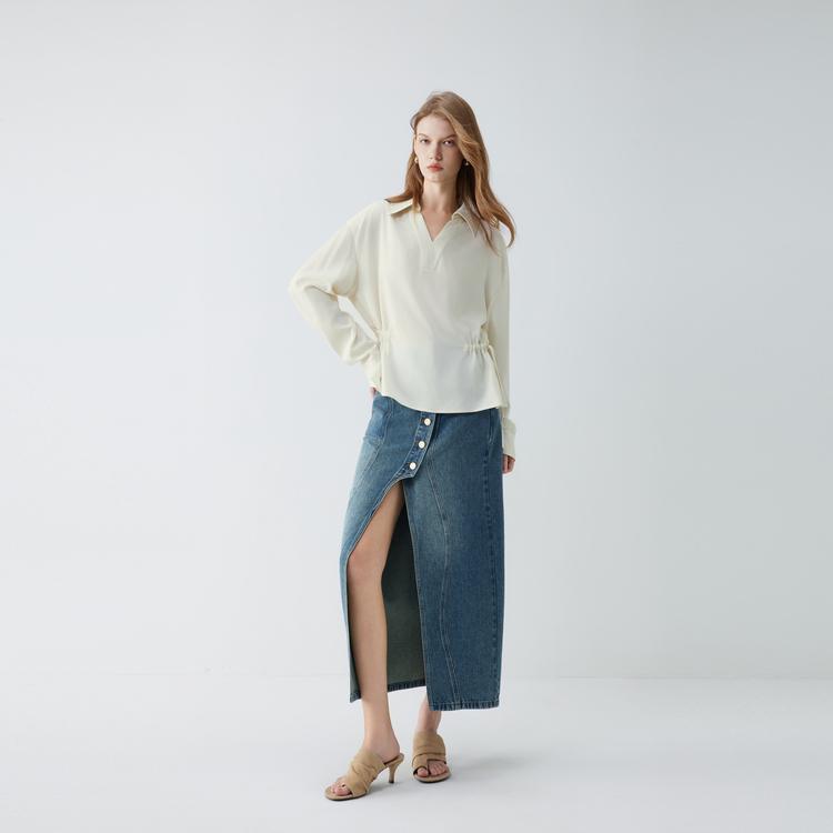 ELLE French Style Split Denim Midi Skirt Fashion Design Straight A-Line Skirt Casual Long Skirt Women skirts L8ARL026