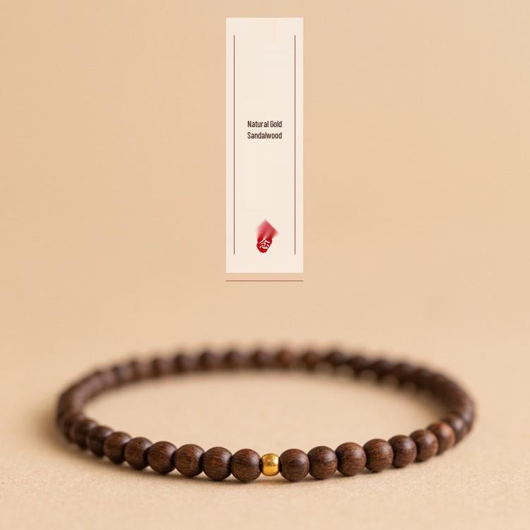 New Chinese Style Golden Sandalwood Bracelet for Men & Women - High Oil Density, Old Material, Single Strand Prayer Beads, Retro Style.