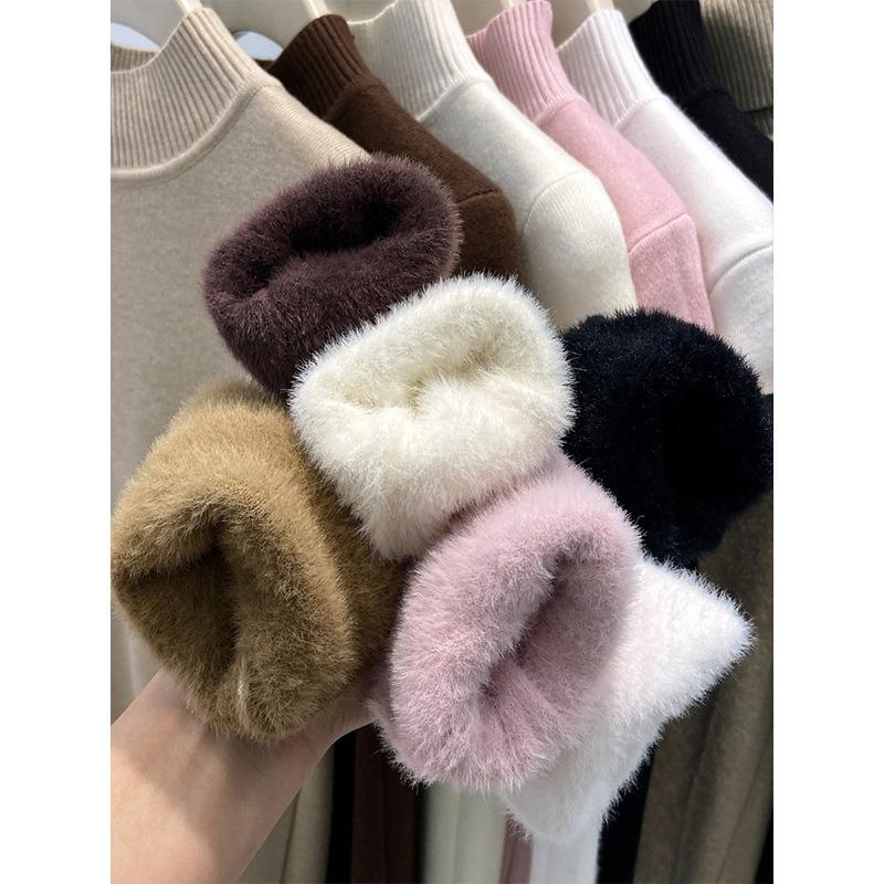 One-piece Fleece Turtleneck Knitted Sweater Women's Winter Solid Color Fleece Thickened Primer Sweater Soft Waxy Basic Inner Top