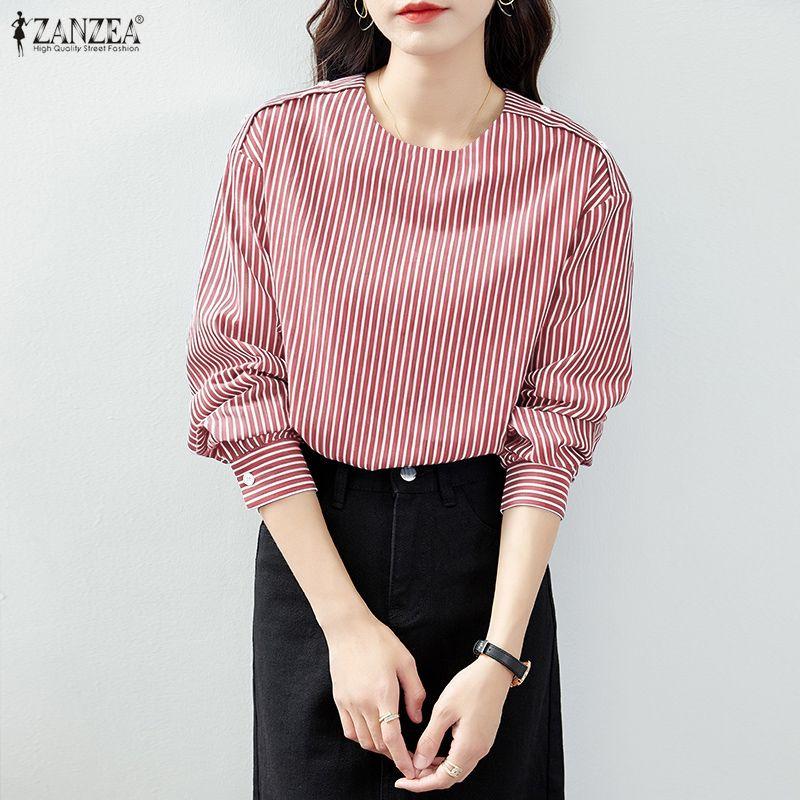 ZANZEA Women Casual Round Neck Loose Long Sleeve Stripe Blouse