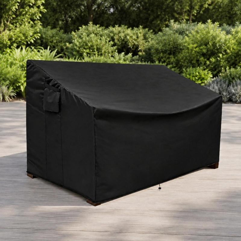 600D Fabric Patio Loveseat Cover with Rain and Debris Barrier, Bottom Cord Closure, 2 Side Fasteners, and Storage Pocket