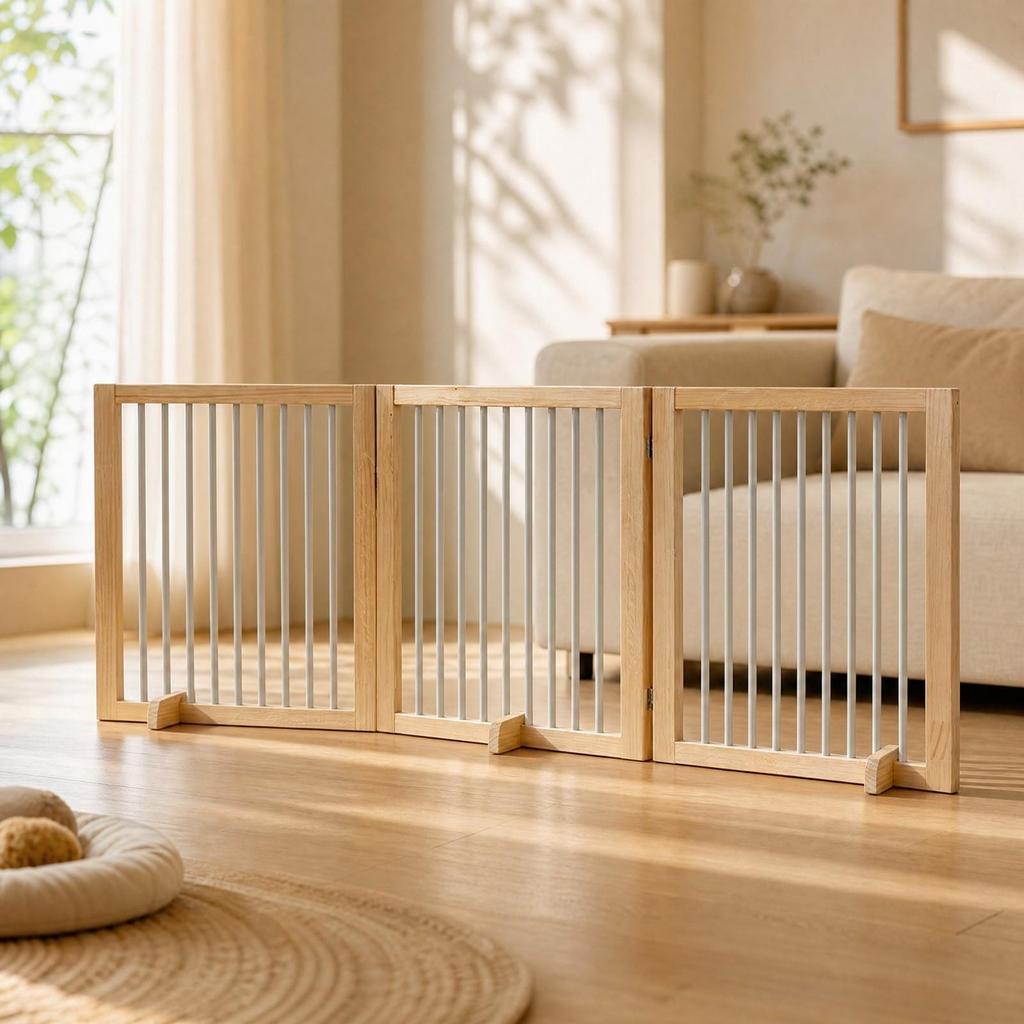 Freestanding Wooden Pet Gate with Folding Panels for Indoor Doorways