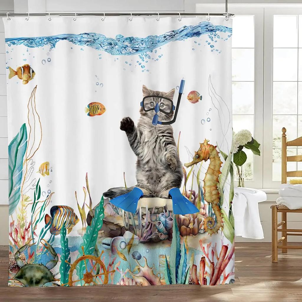 Funny Cat Shower Curtain, Colourful Galaxy Funny Riding Shark In Ocean, Beach Cartoon Turtle Coral Laser Bathroom Decoration
