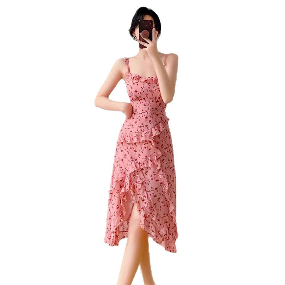 Coffee break French floral dress women's summer new waist and thin design sense niche ruffle edge suspender skirt