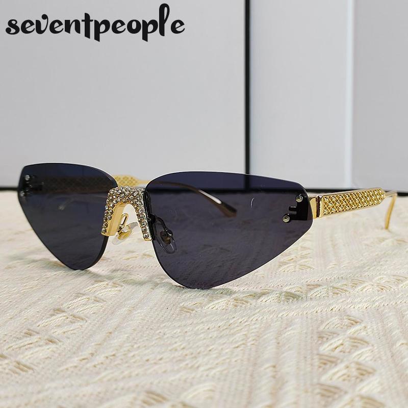 Rimless Rhinestones Punk Sunglasses Women Luxury Brand Design Vintage Metal Small Frame Sun Glasses For Ladies Eyewear