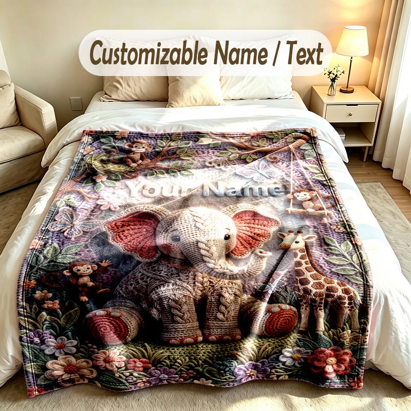 Elefanten-Thema Weiche Decke Personalisierter Benutzerdefinierter Name Textdruck Warme Decke Zuhause Sofa Schlafzimmer Dekoration