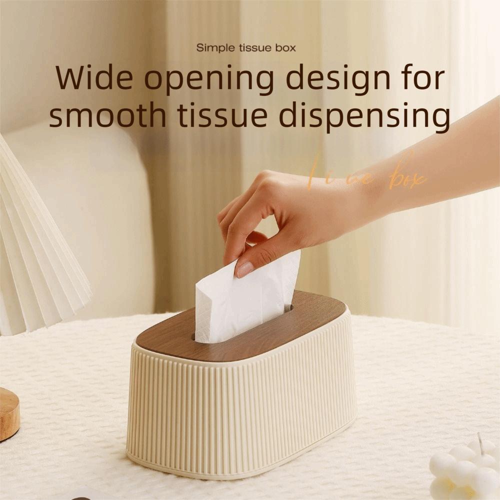 Large Opening Tissue Box with Lid Smooth Wooden/Plastic Cover Desktop Tissue Dispenser Stripe Built-in Spring