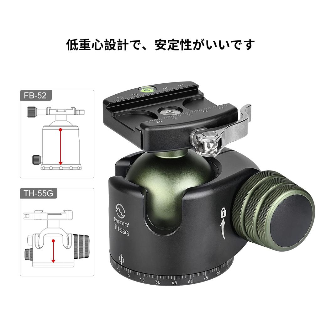 SWFOTO 55 mm großer freier Kopf, Hebel kompatibel, Tragkraft 35 kg, Armeegrün, Arca-Swiss