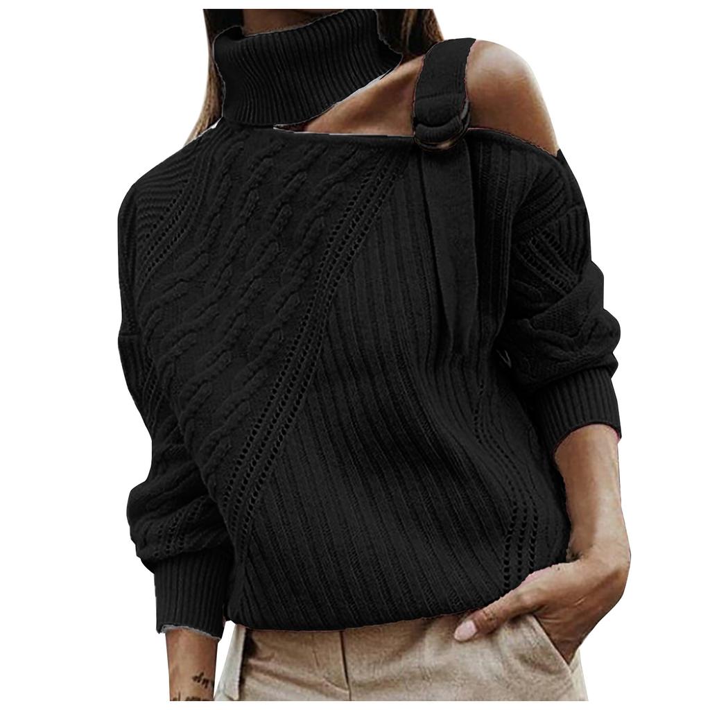 Women's  And Winter Casual Loose Solid Color Stitching Long-sleeved Stand Collar One Side Strapless Knit Sweater Top