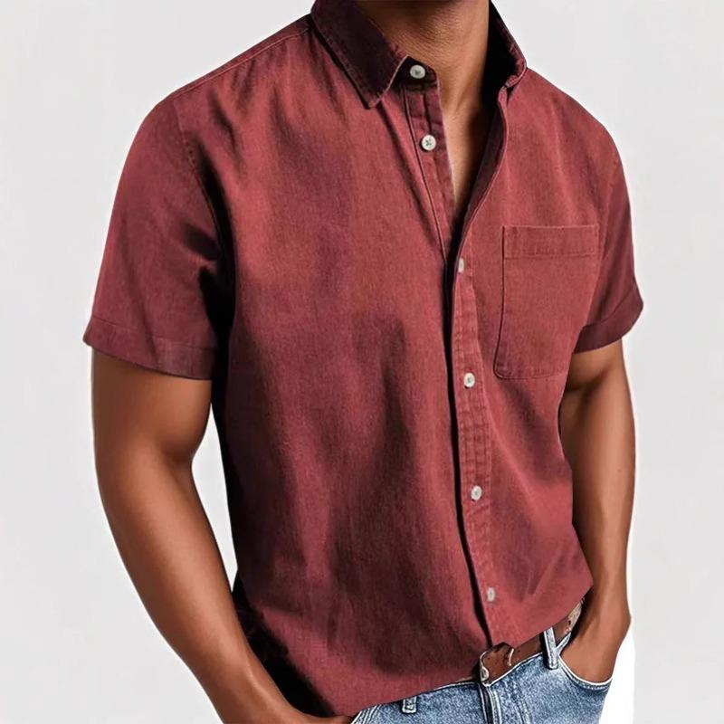 Summer Lapel Solid Color New Pocket Single Breasted Shirt Men's Short Sleeve Shirt Tops