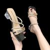 Thick Heel Cool Slippers Women's Summer Wear 2025 New French Rhinestone Middle Heel with Sandals Crystal High Heels