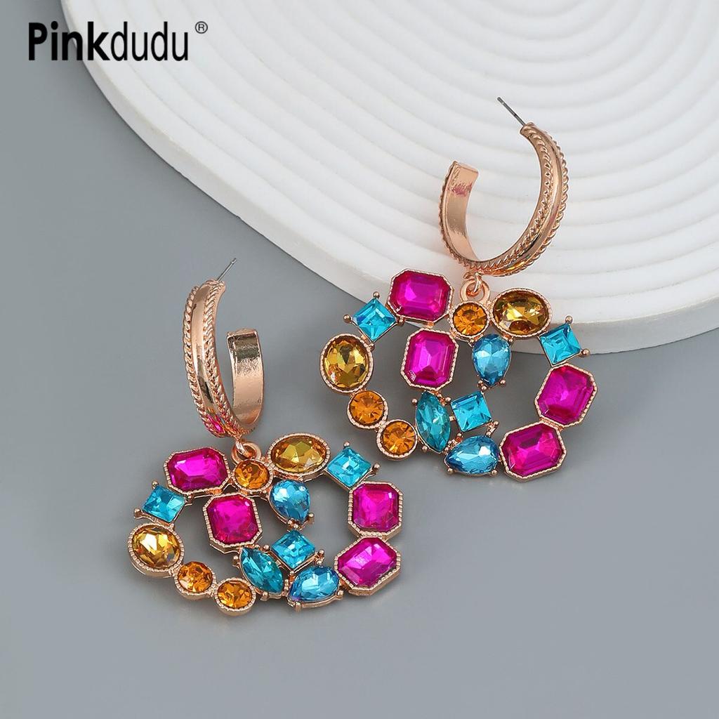 Pinkdudu Fashion Multicolor Rhinestone Double Round Hoop Earrings Exaggerated 4 Color Geometric Earring for Women Jewelry PD1516