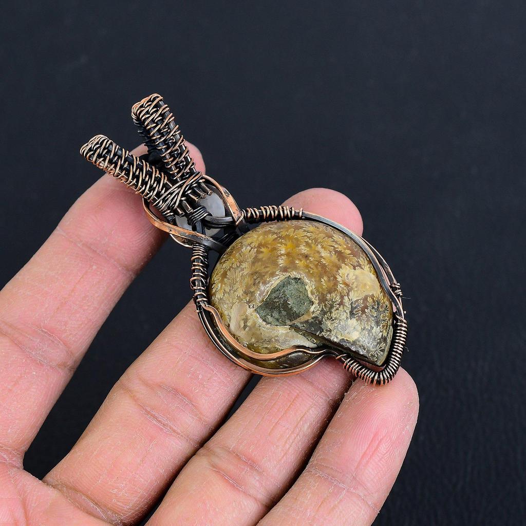 Ammonite Fossil 999 Copper Wire Wrapped Pendant, Handmade Gemstone Jewelry Pendant For Memorial Day