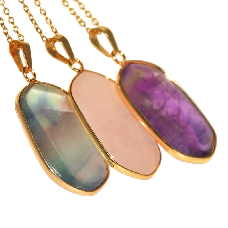 Natural Stone Geometric Pendant Necklace With Gold Plated Edges For Women And Men