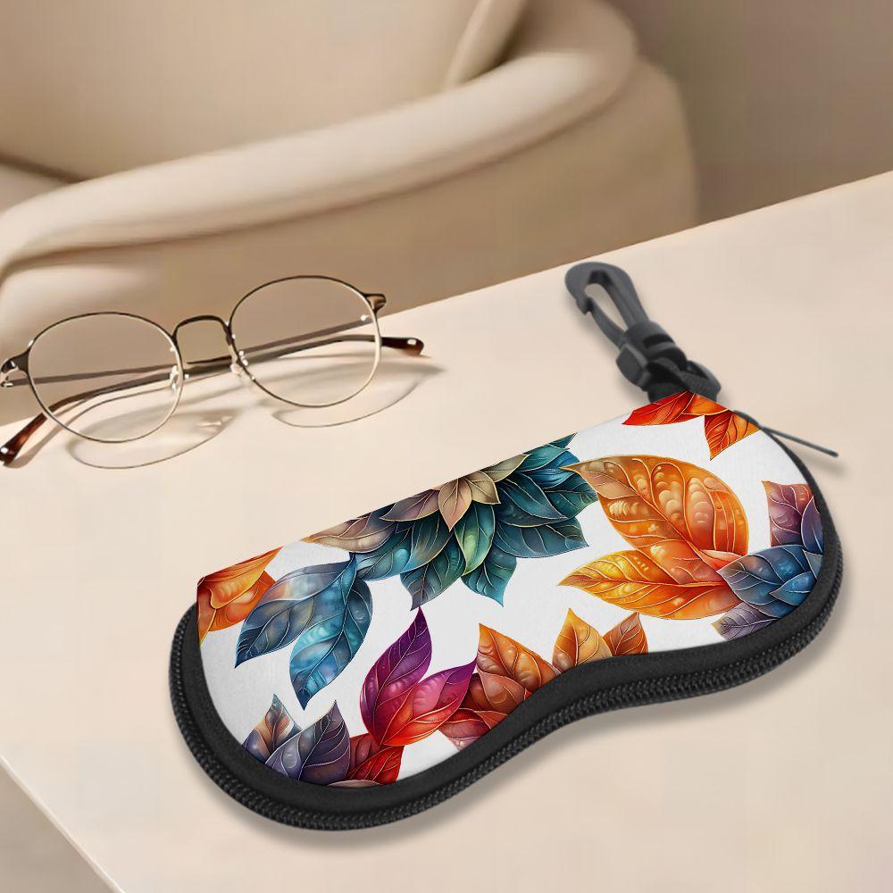 2D-Colorful Botanical Print Zipper Sunglasses Case, Protective Eyewear Container with Vibrant Leaf Pattern, Portable Travel Spectacle Organizer for Wo