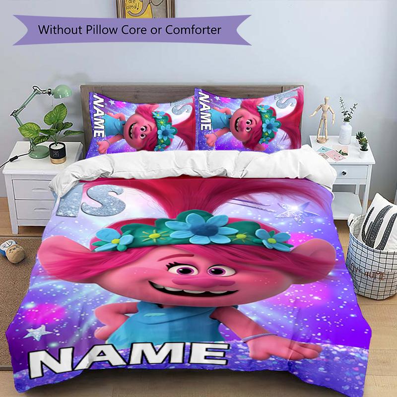 3pcs Trolls3 Cover Set - Personalized Name, HD Printed Bedding with 1 Cover and 2 Pillowcases - Perfect for Home Decor, Easy Care