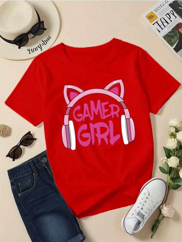 Gamer Girl Creative Printed Sleeve T-Shirt for Girls Stylish Print Casual Children Summer Top Clothing Round Neck Short