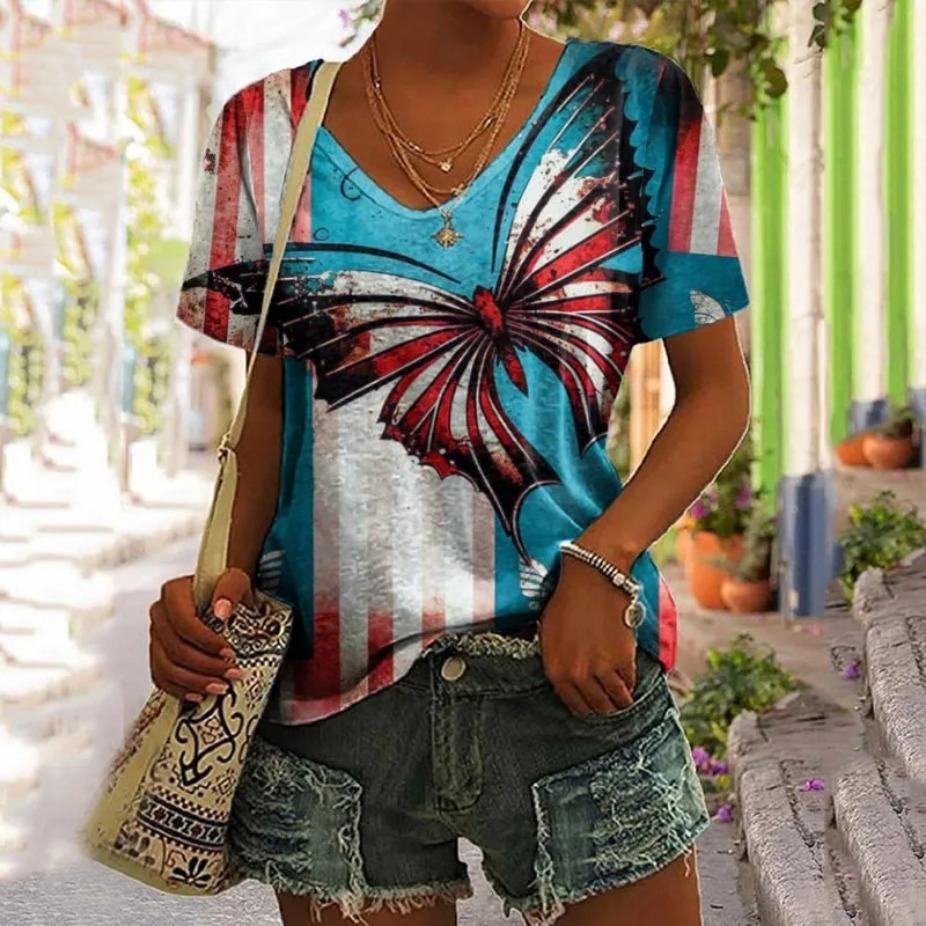 Short Sleeved Trendy Versatile Fashion Loose Top Summer Thin V-neck T-shirt