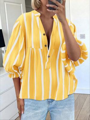 Womens Summer Striped Puff Sleeve Babydoll Blouse V Neck Loose Fit Top