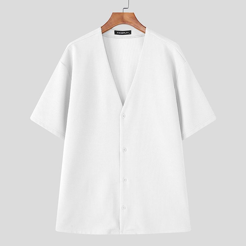 

INCERUN Мужские рубашки с V-образным вырезом, короткими рукавами, на пуговицах, повседневные, свободные, текстурные L белый