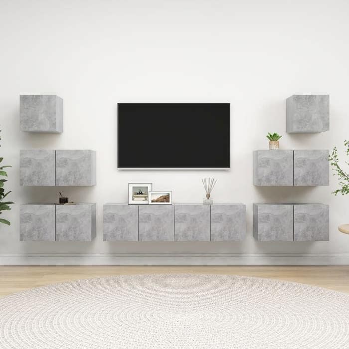 TV Stand - 8-piece Set - Concrete Gray - Engineered Wood - Large Storage Space