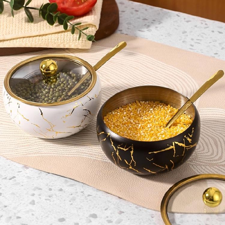 Contenitore per Condimenti in Acciaio Inossidabile Contemporaneo Elegante Zuccheriera con Coperchio in Vetro e Cucchiaino Strumento per l'Organizzazione della Cucina