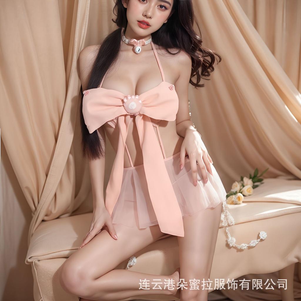 New sex underwear pink bow chest pad three-point pure desire temptation splicing mesh perspective free qqny