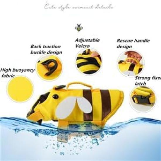 AZA Dog Life Jacket Shark Life Vest with Rescue Handle Cute Bees Costume Girl Adjustable High Buoyancy Swimwear for Small Medium Large Dogs Boy