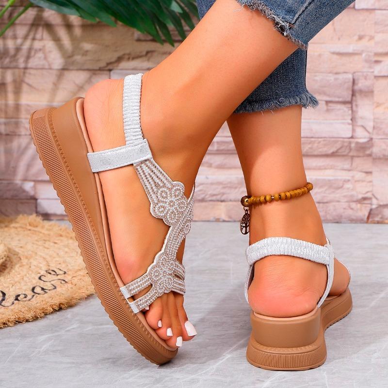 Fashion 2025 NEW Women's Large Size Sandals Open Toe Beachwear Spring New Flat Bottom Flower Crystal Roman Shoes for Adults