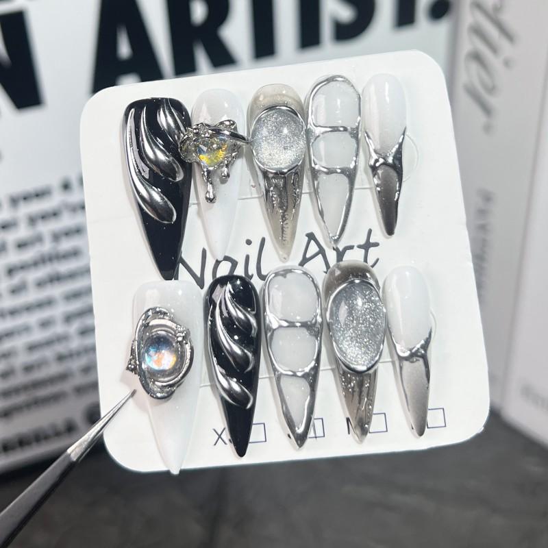 3D Embossed Nail Art Tips Long Pointed False Nails Sweet Punk Chic INS Style Wearable Press-On Women Extra Small