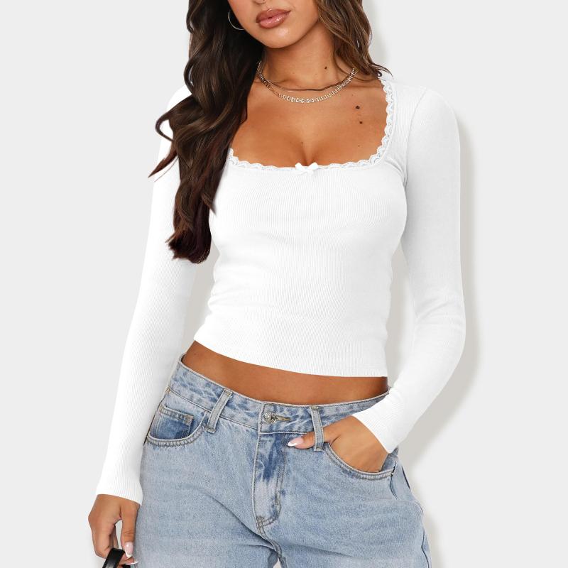 European and American early spring fashion sexy U-neck solid color exposed navel ribbed top