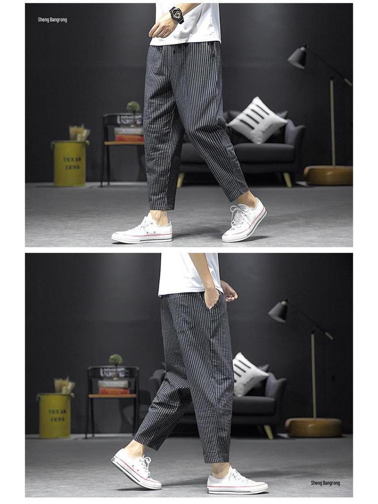 Męskie spodnie haremowe w paski: Młodzieżowy Trend Casual Szerokie Nogawki Długość 9/10