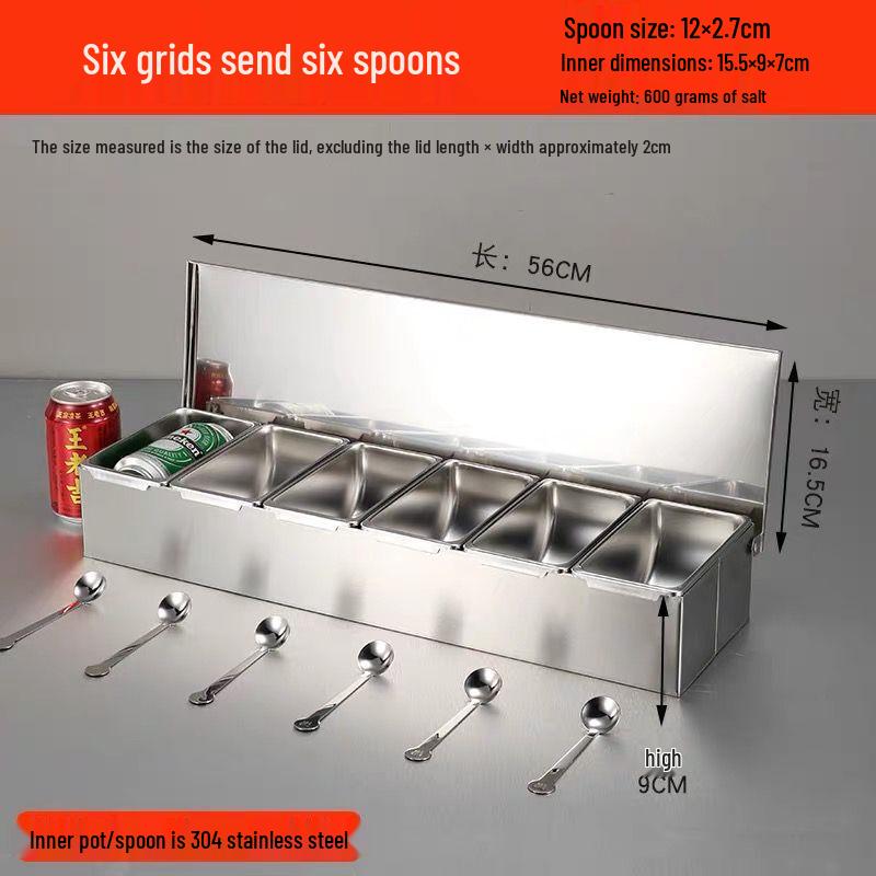 304 Stainless Steel 6-Compartment Seasoning Box with Spoons
