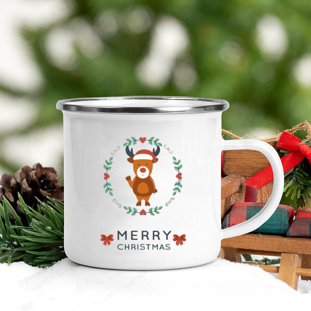 Penguin Deer Santa Printed Coffee Mug Enamel Mugs Children Milk Juice Cup Stocking Stuffing Home Party Decoration New Year Gift