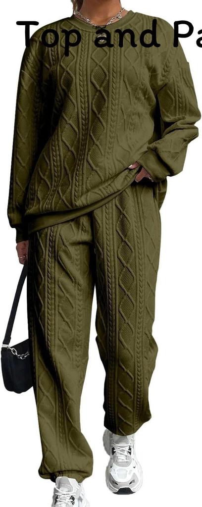 Autumn Winter Trendy Geometric Pattern Knit Pantsuit For Women Casual Lounge Wear